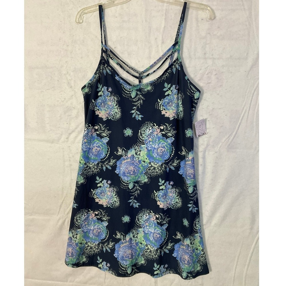 Mudd Dress Juniors Medium Navy Blue Floral Strappy Sueded Jersey Sun Dress NWT